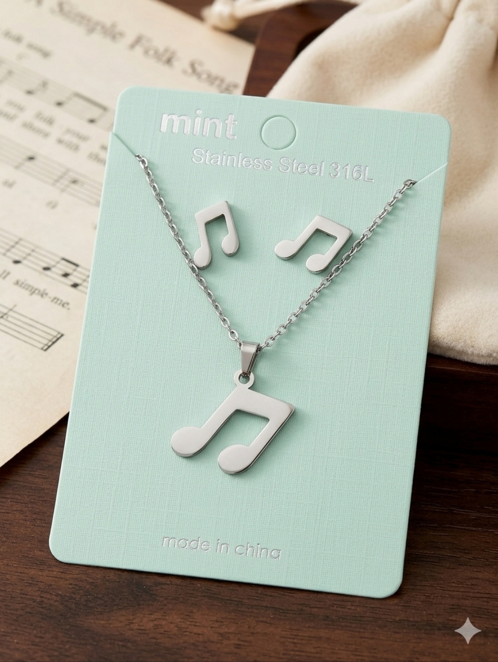 Music Note Stainless Steel Necklace and Earring Set - Silver Tone NWT